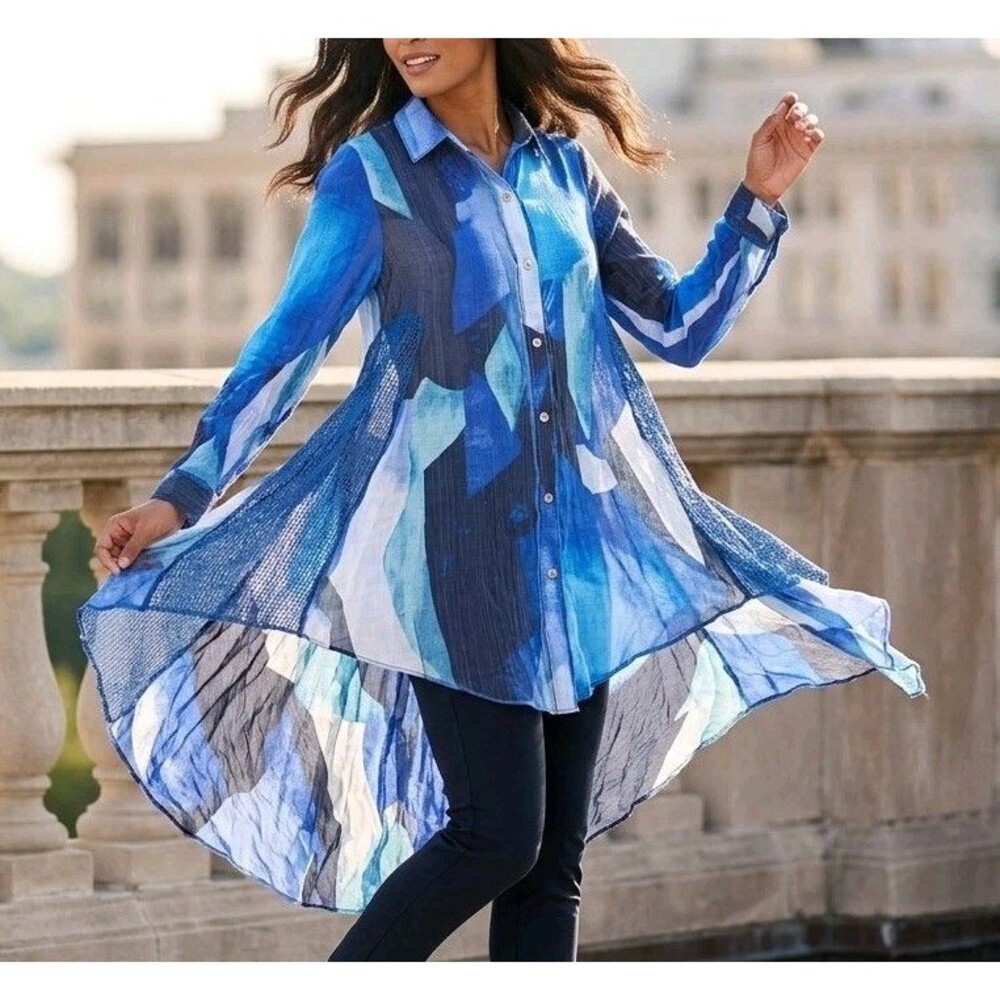 Feratelli Artsy Abstract Sequin Mesh Oversized Flowy Button Tunic - M